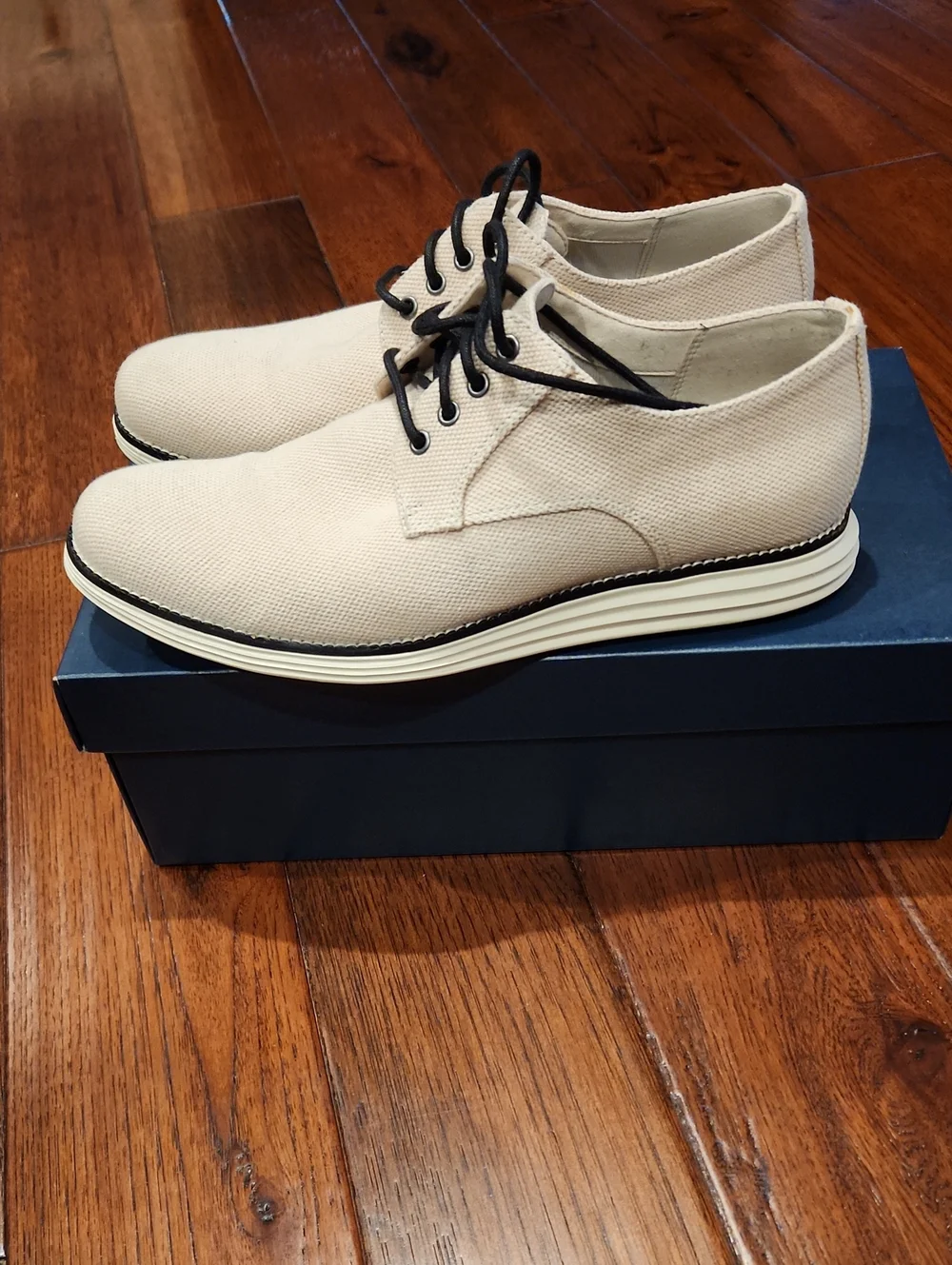 Cole Haan Beige Canvas Derby Shoes with Black Laces